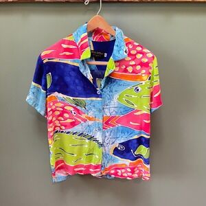 Jams World‎ 50 Years Hawaiian Fish Batik Print Button Up Shirt Women's Size XL